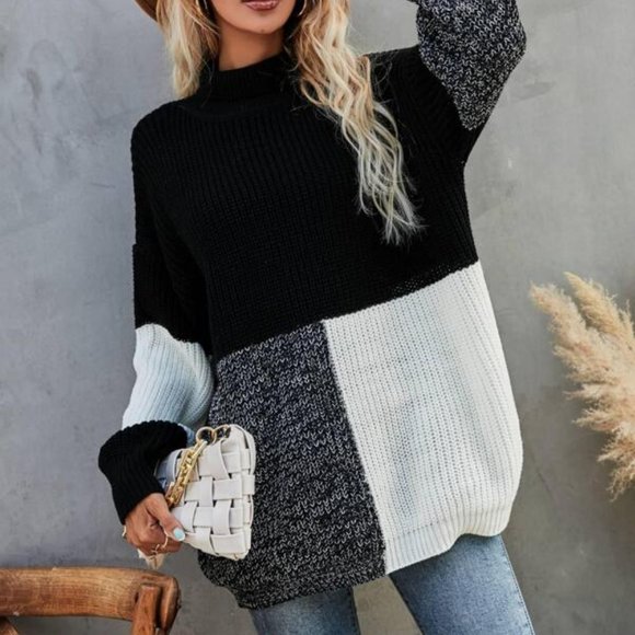 MODA ME COUTURE Sweaters - Casual Colorblock Turtleneck Oversized Sweater
